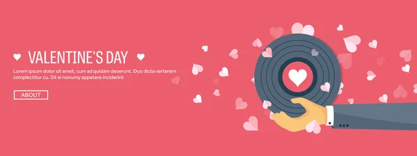 Vector illustration. Flat musical background with vinyl. Love, hearts. Valentines day. Be my valentine. 14 february. — Stock Vector