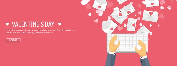 Illustration vectorielle. Fond plat avec clavier et enveloppe. Amour, cœurs. Saint Valentin. Sois ma valentine. 14 février . — Image vectorielle