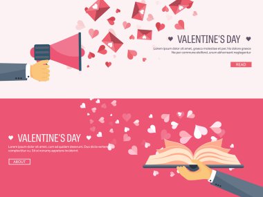 Vektör çizim. Düz arka plan hoparlör, el ve kitap ile. Aşk, kalpleri. Sevgililer günü. Benim sevgilim olmak. 14 Şubat. İleti.