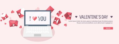 Vector illustration. Flat background with laptop. Love, hearts. Valentines day. Be my valentine. 14 february.