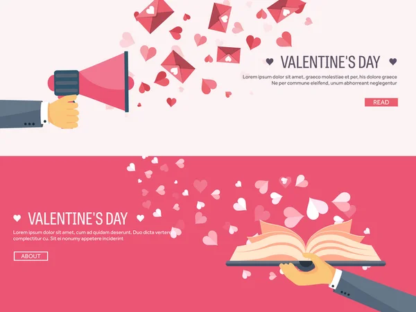 Vector illustration. Flat background with loudspeaker, hand and book. Love, hearts. Valentines day. Be my valentine. 14 february.  Message. — Stock Vector