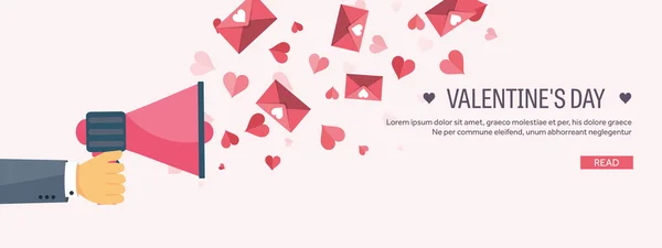 Vektorillustration. flacher Hintergrund mit Lautsprecher. Liebe, Herzen. Valentinstag. sei mein Valentinstag. 14. Februar. Botschaft. — Stockvektor