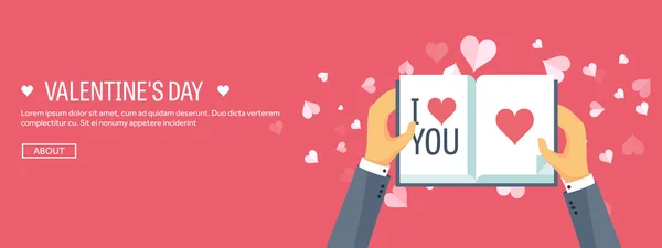 Vektorillustration. flacher Hintergrund mit Buch. Liebe, Herzen. Valentinstag. sei mein Valentinstag. 14. Februar. — Stockvektor