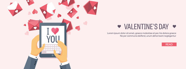 Vector illustration. Flat background with tablet. Love, hearts. Valentines day. Be my valentine. 14 february.