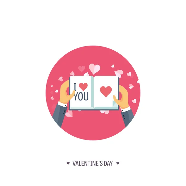 Vectorillustratie. Platte achtergrond met boek. Liefde, harten. De dag van Valentijnskaarten. Worden mijn Valentijn. 14 februari. — Stockvector
