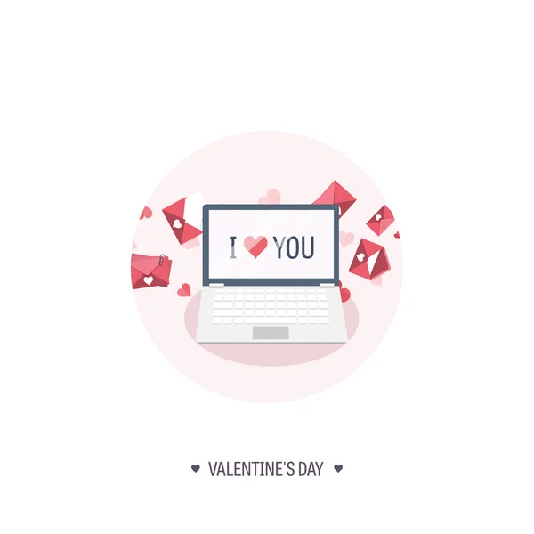 Vector illustration. Flat background with laptop. Love, hearts. Valentines day. Be my valentine. 14 february. — Stockový vektor