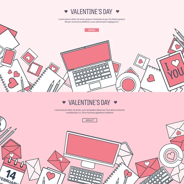 Vector illustration. Flat background with computer, laptop. Love, hearts. Valentines day. Be my valentine. 14 february.  Message. — Stockvector