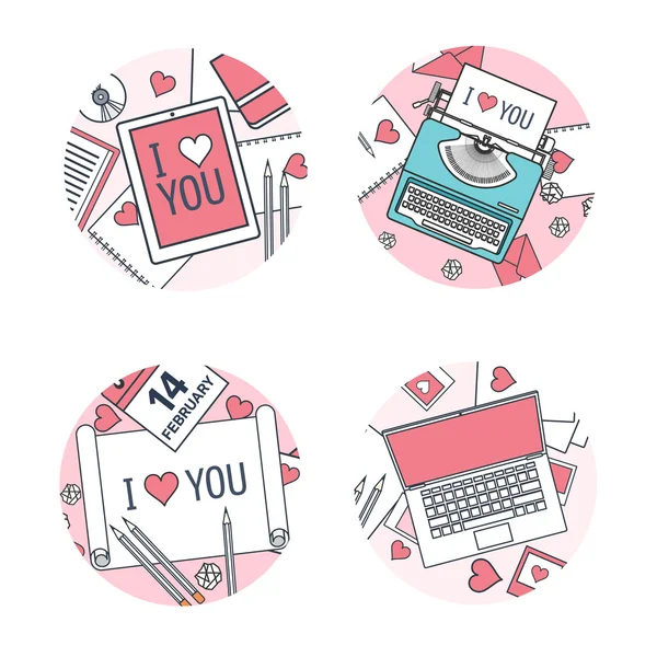 Vector illustration. Flat background with typewriter, paper, tablet, laptop. Love, hearts. Valentines day. Be my valentine. 14 february. — Stockový vektor