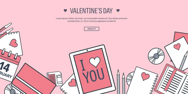 Ilustración vectorial. Fondo plano con tableta. Amor, corazones. Día de San Valentín. Sé mi San Valentín. 14 de febrero . — Vector de stock