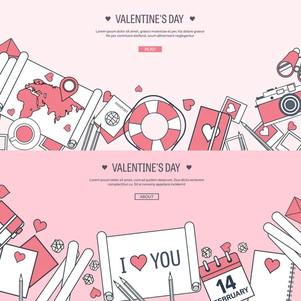 Vector illustration. Flat travel background with map, photocamera,papers. Love, hearts. Valentines day. Be my valentine. 14 february.  Message. — Stockový vektor