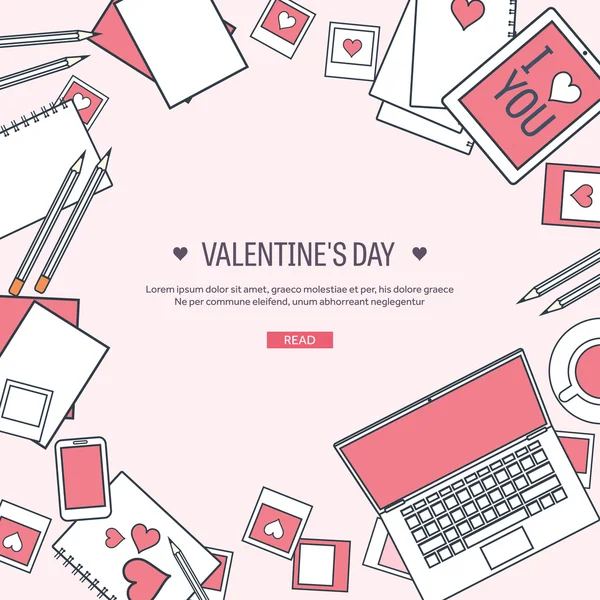 Vector illustration. Flat background with computer, laptop. Love, hearts. Valentines day. Be my valentine. 14 february.  Message. — 스톡 벡터