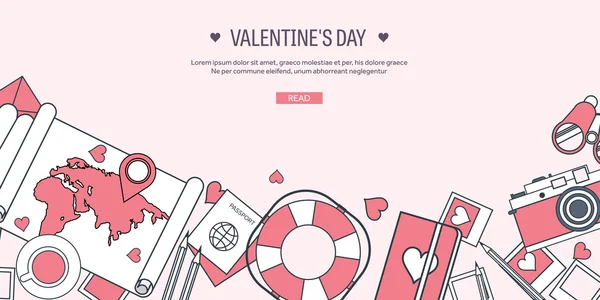 Vector illustration. Flat travel background with map, photocamera,papers. Love, hearts. Valentines day. Be my valentine. 14 february.  Message. — Stockvector