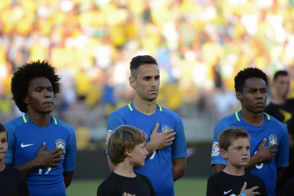 Brazilian soccers  during national anthem at the Copa America Ce