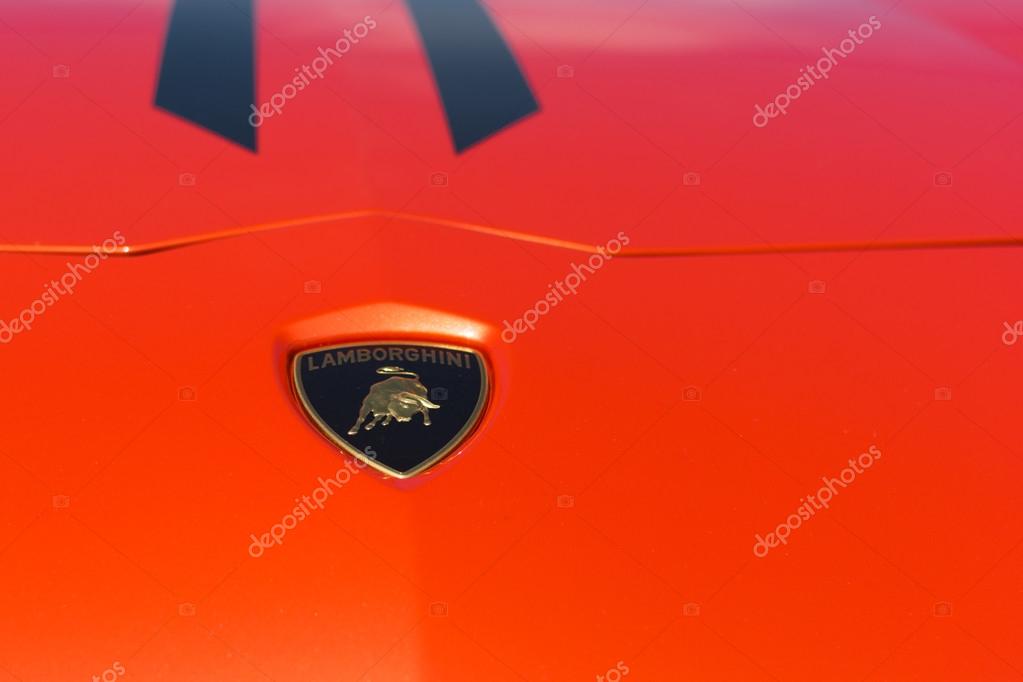 Woodland Hills, CA, USA - July 19, 2015:  Lamborghini car logo  at the Supercar Sunday car event.
