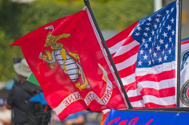 Los Angeles, California, ABD, 11 Kasım 2025 San Fernando Vadisi Gaziler Günü sırasında Amerikan ve Deniz Kuvvetleri bayrakları.