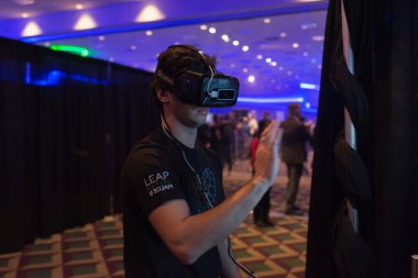 Man tries virtual Oculus Rift  reality headset