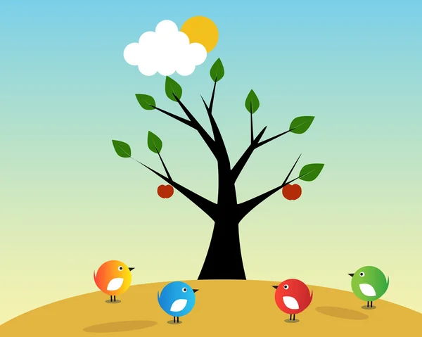 Vögel und Obstbaum — Stockvektor