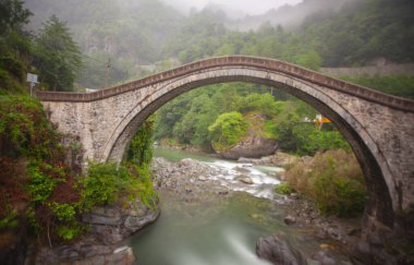 Artvin Arhavi çift kemerli köprüler Cifte kopruler olarak bilinen doğal orman ve mavi gökyüzü arka planı.