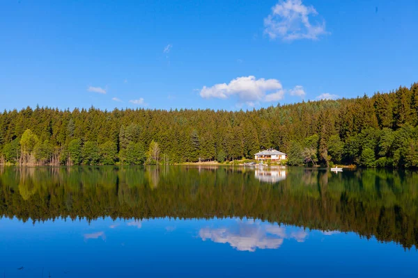 緑の森と青い空の背景と湖の反射と黒湖としても知られているArtvin Savsat Karagol — ストック写真