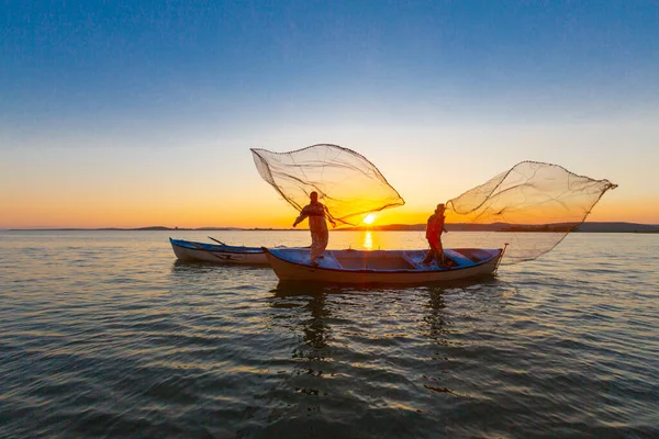 Rybáři Síti Západ Slunce Golyazi Turecko — Stock fotografie