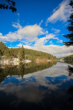 Türkiye Bilecik 'te Bozcaarmut Gölü, güneşli bir sabah erken saatlerde
