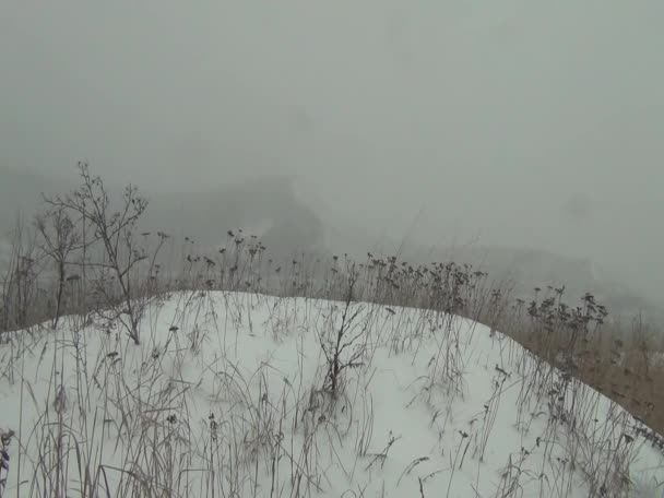 Em uma nevasca, através da neve caindo, você pode ver os contornos da montanha no nevoeiro — Vídeo de Stock