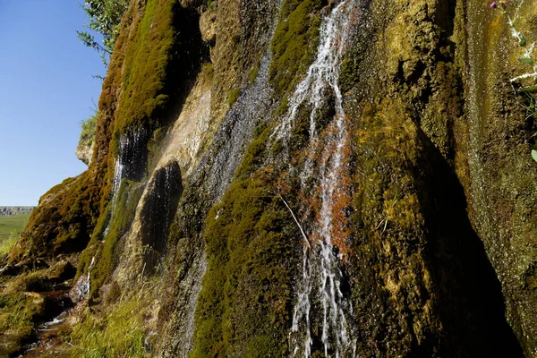 Küçük bir şelale yosunlu kayalardan aşağı akıyor. Grishkina Balka, Karachay-sız Cumhuriyet, Rusya
