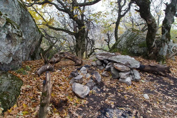 Terk edilmiş bir kamp ve dağlardaki sonbahar ormanında bir ateş çukuru. Beshtau Dağı, Kafkasya, Rusya