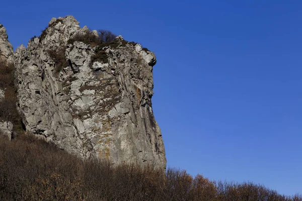 Sonbahar ormanıyla çevrili açık mavi gökyüzünün arka planında bir kaya. Beshtau Dağı, Kafkasya, Rusya