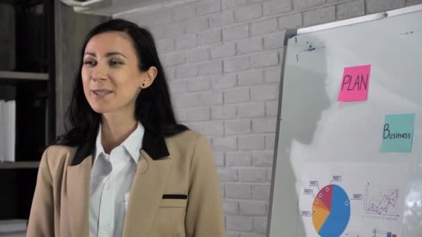 Ділова Жінка Пояснює Графіки Борту Офісі — стокове відео