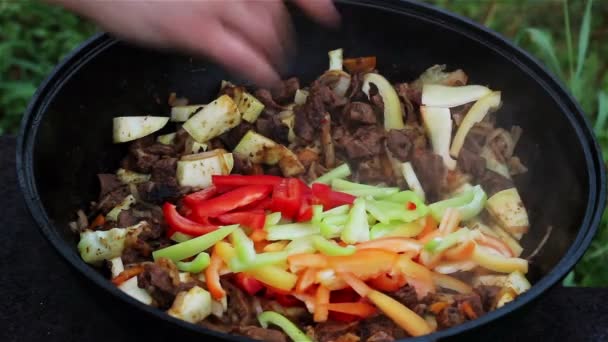 Carne con cipolle e stufato di zucchine in un grande calderone. Nel piatto aggiungere peperoni multicolori, giallo, rosso, verde. cucina tradizionale asiatica - lagman — Video Stock