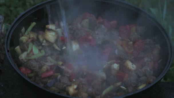 Put eggplants in a big pot with meat, onions, carrots, zucchini. all ingredients are mixed with a wooden spatula. cooking on open fire — Stock Footage Put eggplants in a big pot with meat, onions, carrots, zucchini. all ingredients are mixed with a wooden spatula. cooking on open fire Video Clip