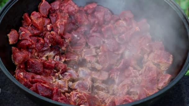 El proceso de la cocción del plato oriental. la carne roja hierve y cuece en aceite en una olla grande. caldero asiático tradicional grande en un fuego abierto, llamado un Kazán — Vídeo de stock