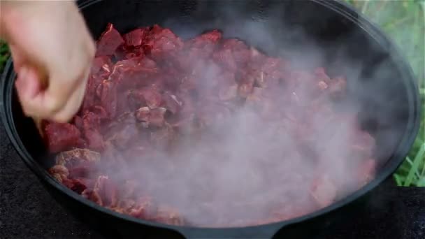 Matlagning av en orientalisk maträtt. rött kött kokar och grytor i olja i en stor gryta. stora traditionella asiatiska kittel på en öppen eld, kallas en kazan — Stockvideo