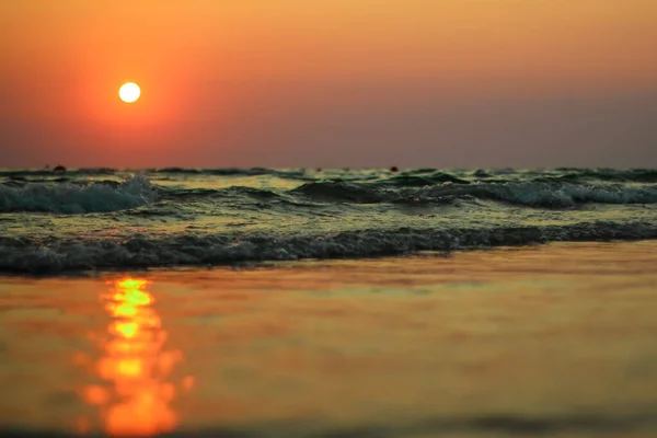 Nasser Meeressand am Strand vor dem Hintergrund schöner goldener Sonnenuntergang. Nahaufnahme Meeressand an Land Ozean bei Sonnenuntergang. Landschaft Sonnenuntergang Meeresküste. Goldener nasser Sand am Strand vor Sonnenuntergang. — Stockfoto