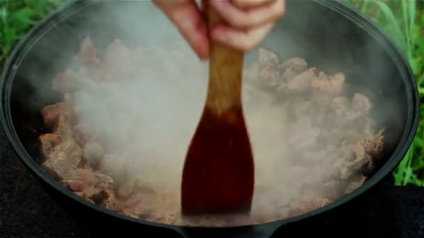 Meat stew in a pot. white mans hand with wooden spoon mixes the dish — Video