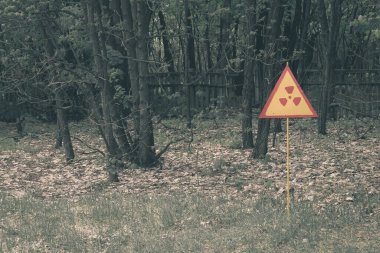 Bir çimenlikte kırmızı-sarı radyasyon işareti. Yasak bölge. Çernobil, Pripyat