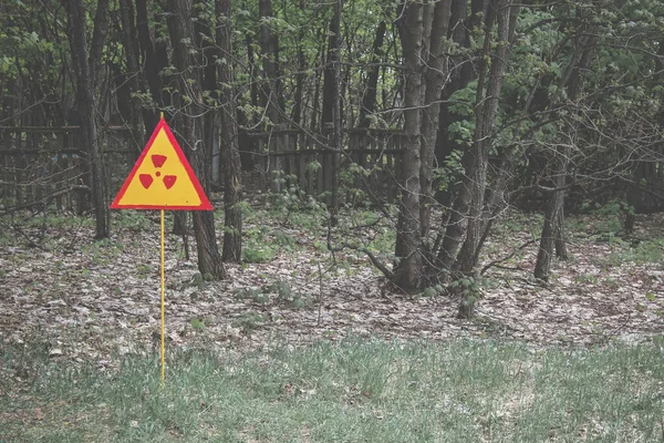 Bir çimenlikte kırmızı-sarı radyasyon işareti. Yasak bölge. Çernobil, Pripyat