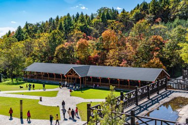 Yunling, Liuhe, Jilin, Çin 'deki kırmızı yaprakların resimli manzarası