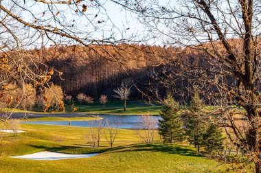 Çin Changchun 'daki Jingyuetan golf sahasının sonbahar manzarası.