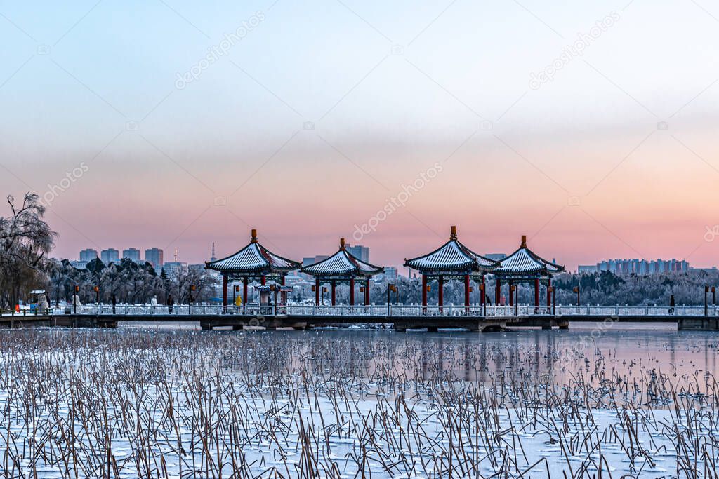 Winter landscape of Nanhu Park in Changchun, China after heavy snowfall