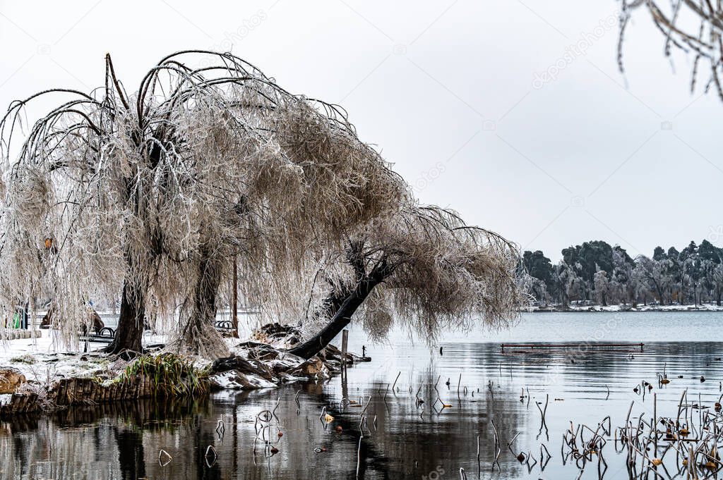 Winter landscape of Nanhu Park in Changchun, China after rain and snow