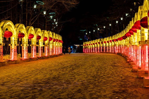 Vue Nuit Monde Des Neiges Spectacle Lumière Long Chemin Dans — Photo