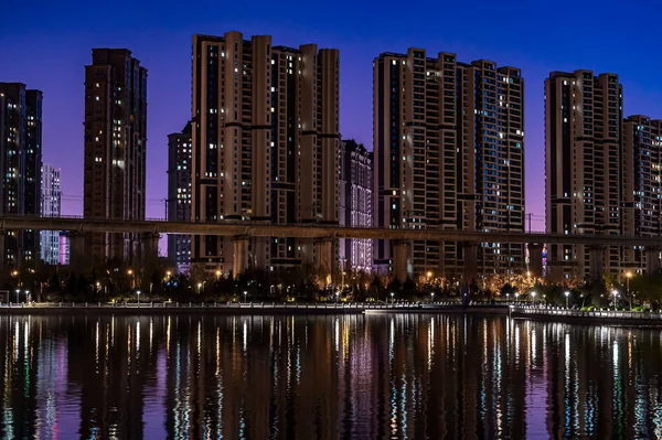 Vue Nuit Fleuve Yitong Changchun Chine — Photo