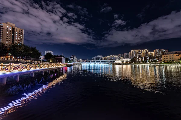 Vue Nuit Fleuve Yitong Changchun Chine — Photo