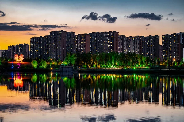 Vista Nocturna Del Parque Humedales Nanxi Changchun China — Foto de Stock