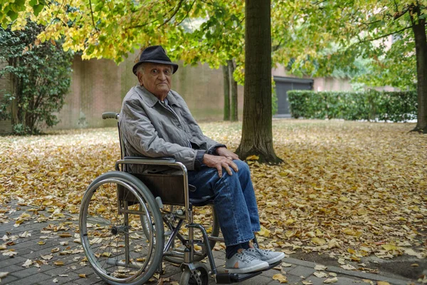 Handikappad Äldre Man Rullstol Utomhus — Stockfoto