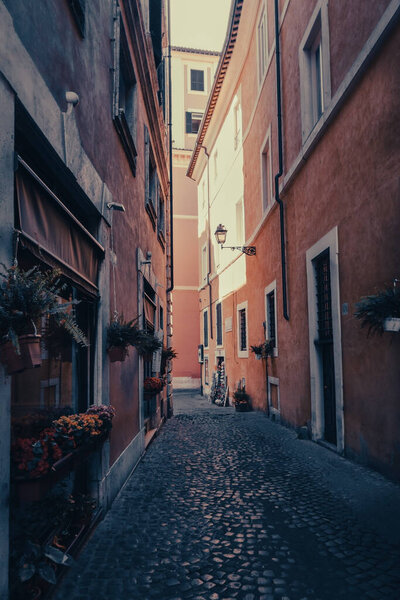 Rome, Italy - June 12, 2021: A narrow ancient alley with cobblestone in the historic center of Rome
