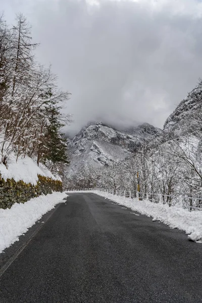 Mountain Road Snow Covered Forest Winter Ligurian Alps Italy — Stock Photo, Image