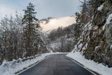 Dağ yolu ve kışın karla kaplı orman, Ligurian Alpleri, İtalya